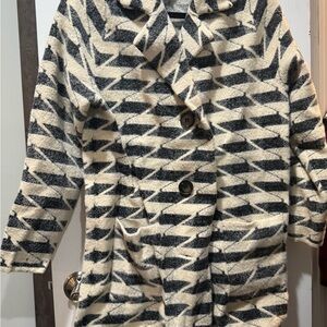 Woven Chevron Button-Front Coat - Black & Cream